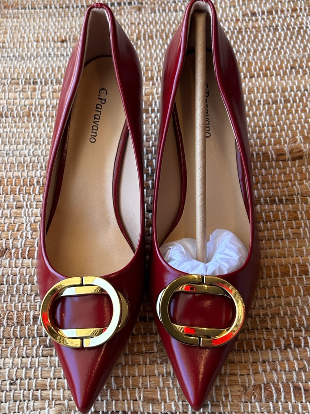 NIB C PARAVANO s38.5 kitten heels-oxblood red leather-gold buckle-pointed toe